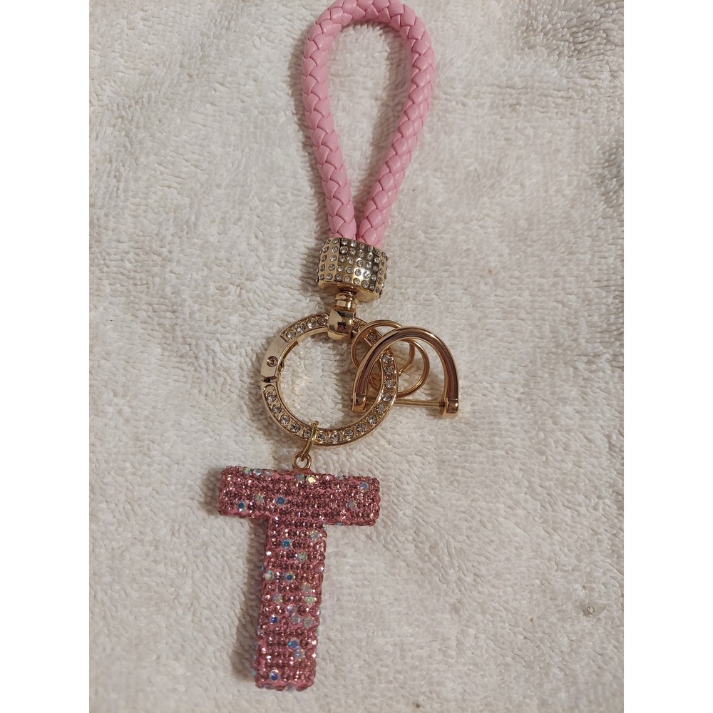 Letter T Pink‎ Rhinestone Keychain Purse Charm Bling Initial Keyring